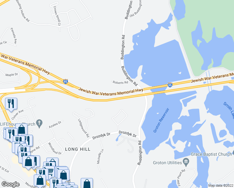 map of restaurants, bars, coffee shops, grocery stores, and more near Jewish War Veterans Memorial Highway in Groton