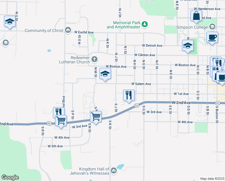 map of restaurants, bars, coffee shops, grocery stores, and more near 111 South J Street in Indianola