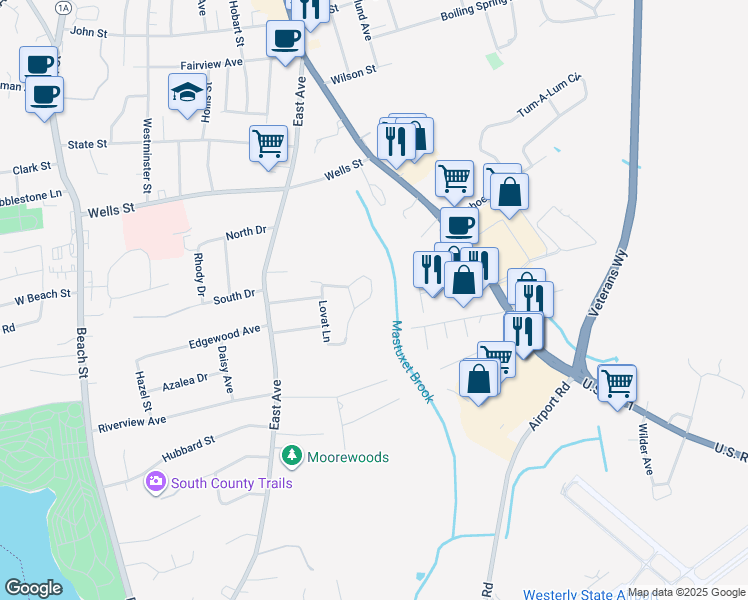 map of restaurants, bars, coffee shops, grocery stores, and more near 58 Fountain Drive in Westerly