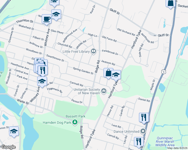 map of restaurants, bars, coffee shops, grocery stores, and more near 916 Ridge Road in Hamden