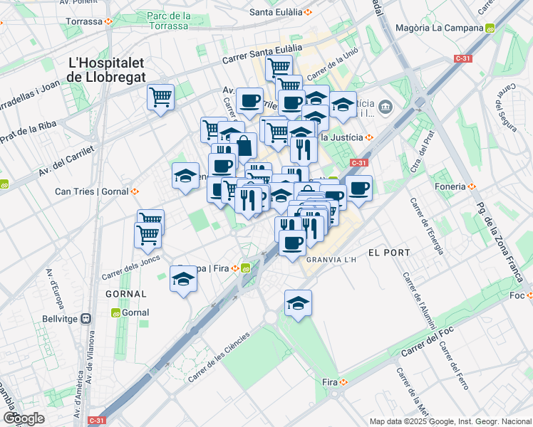 map of restaurants, bars, coffee shops, grocery stores, and more near 53 Carrer Igualtat in L'Hospitalet de Llobregat
