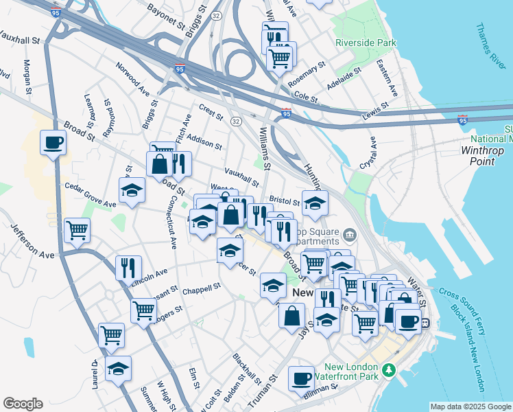 map of restaurants, bars, coffee shops, grocery stores, and more near 65 Granite Street in New London