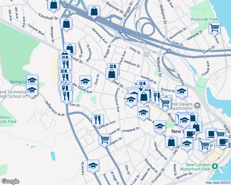 map of restaurants, bars, coffee shops, grocery stores, and more near 256 Connecticut Avenue in New London