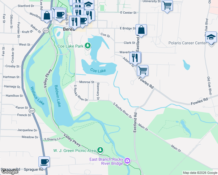 map of restaurants, bars, coffee shops, grocery stores, and more near 114 Olde Town Trail in Berea