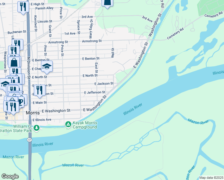 map of restaurants, bars, coffee shops, grocery stores, and more near 945 East Washington Street in Morris