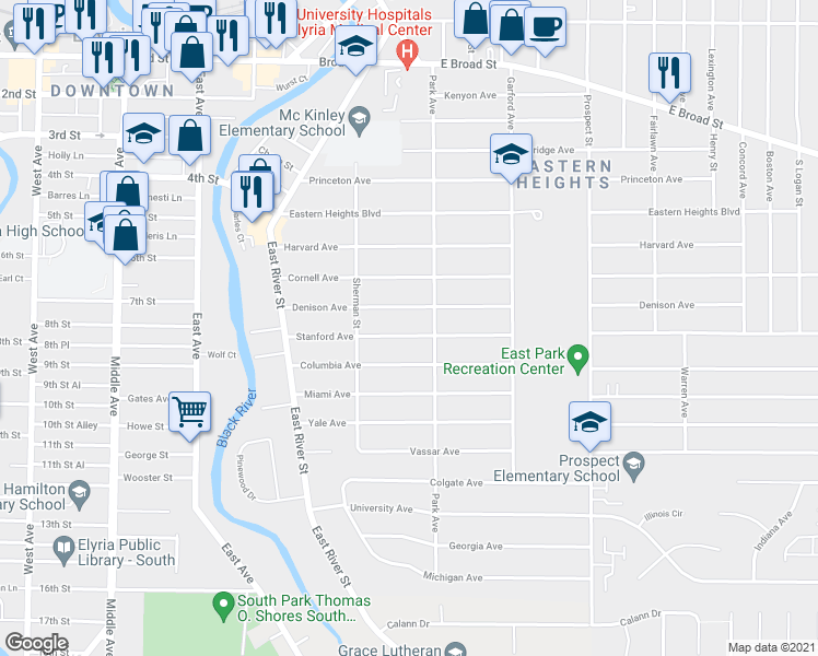 map of restaurants, bars, coffee shops, grocery stores, and more near 244 Stanford Avenue in Elyria