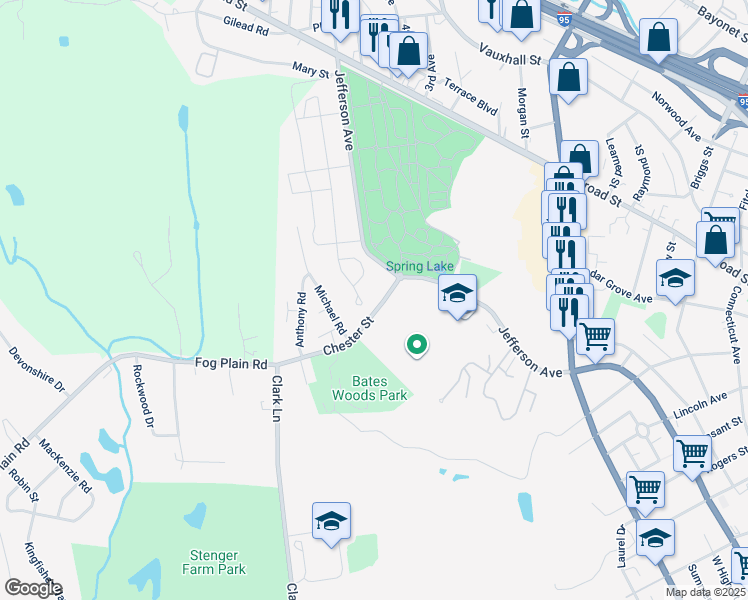 map of restaurants, bars, coffee shops, grocery stores, and more near 19 Chester Street in New London