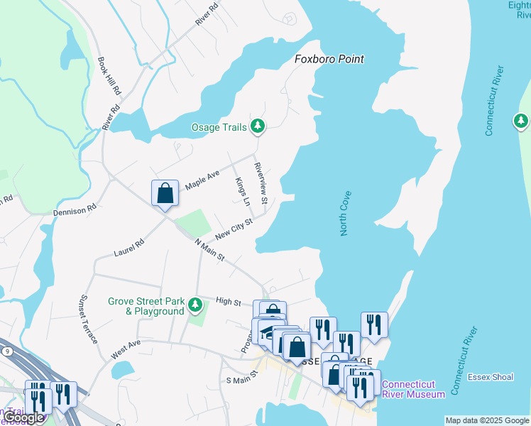 map of restaurants, bars, coffee shops, grocery stores, and more near 1 Willow Point in Essex