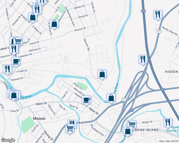map of restaurants, bars, coffee shops, grocery stores, and more near 916 Moosic Rd in Old Forge