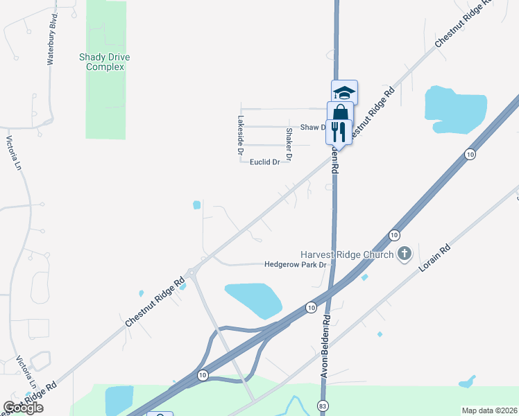 map of restaurants, bars, coffee shops, grocery stores, and more near 36261 Chestnut Ridge Road in North Ridgeville