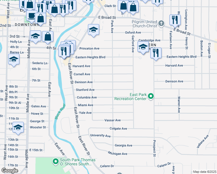 map of restaurants, bars, coffee shops, grocery stores, and more near 1003 Park Avenue in Elyria