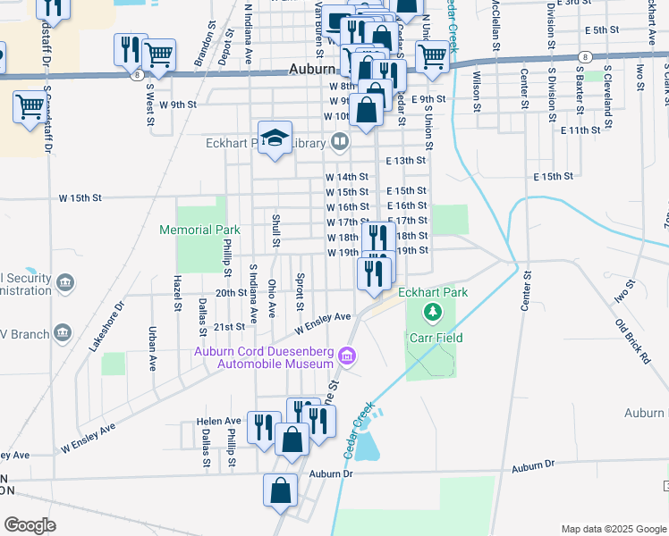 map of restaurants, bars, coffee shops, grocery stores, and more near 1309 South Jackson Street in Auburn