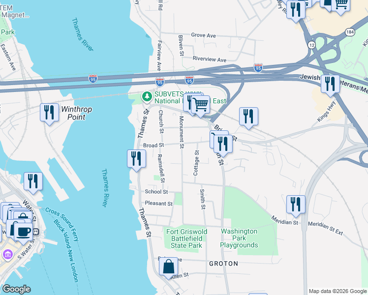 map of restaurants, bars, coffee shops, grocery stores, and more near 109 Broad Street in Groton