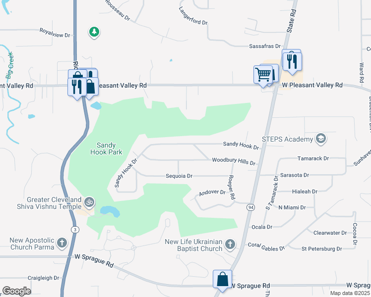 map of restaurants, bars, coffee shops, grocery stores, and more near 5540 Woodbury Hills Drive in Parma