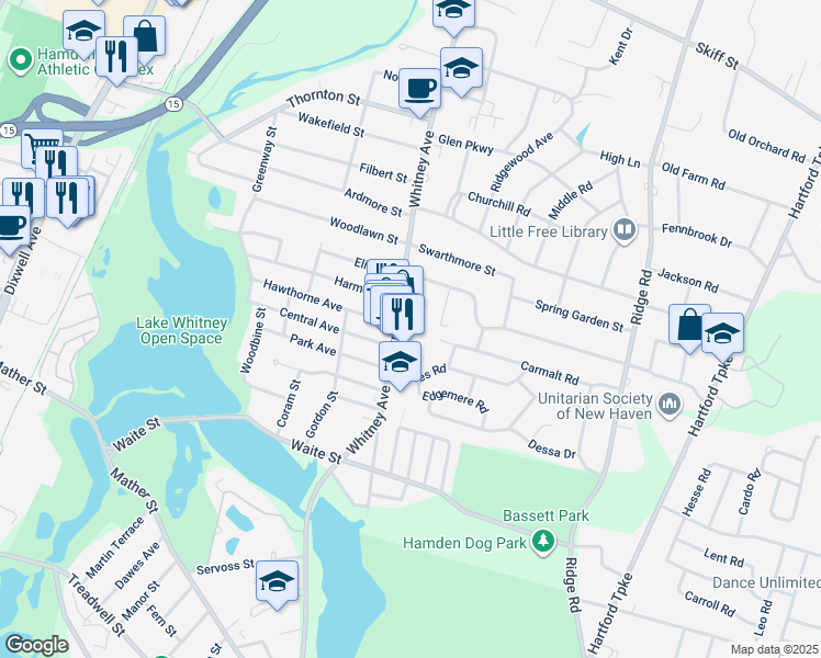map of restaurants, bars, coffee shops, grocery stores, and more near 1665 Whitney Avenue in Hamden
