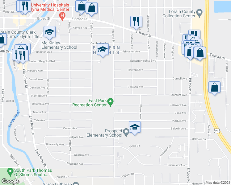 map of restaurants, bars, coffee shops, grocery stores, and more near 500 Stanford Avenue in Elyria