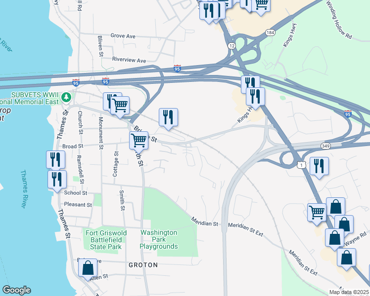 map of restaurants, bars, coffee shops, grocery stores, and more near 2 Broad Saint Extension in Groton