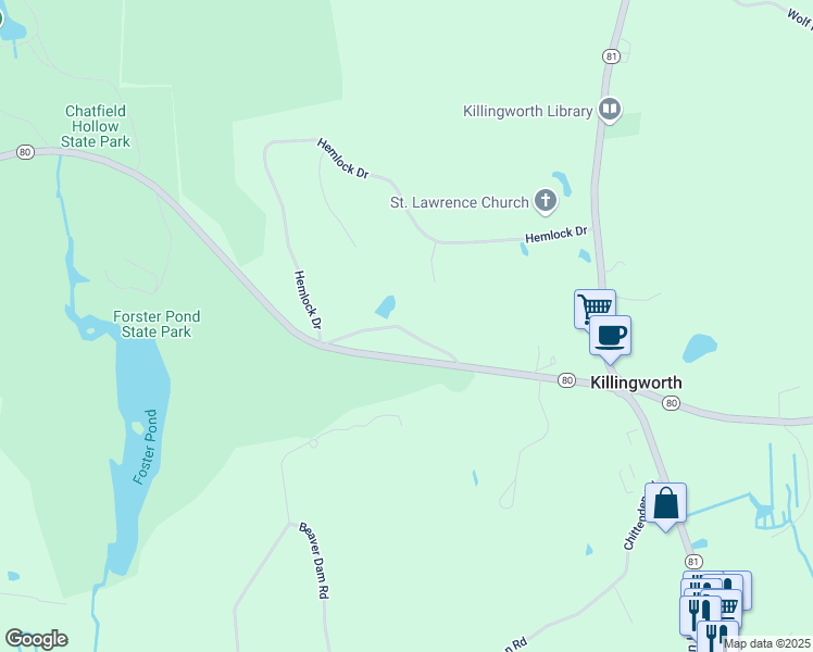 map of restaurants, bars, coffee shops, grocery stores, and more near 202 Old Deep River Turnpike in Killingworth