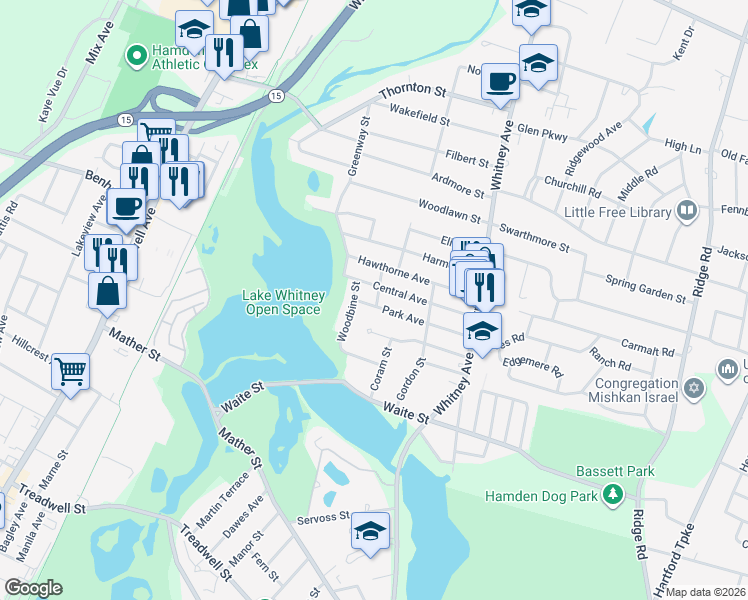 map of restaurants, bars, coffee shops, grocery stores, and more near 98 Park Avenue in Hamden