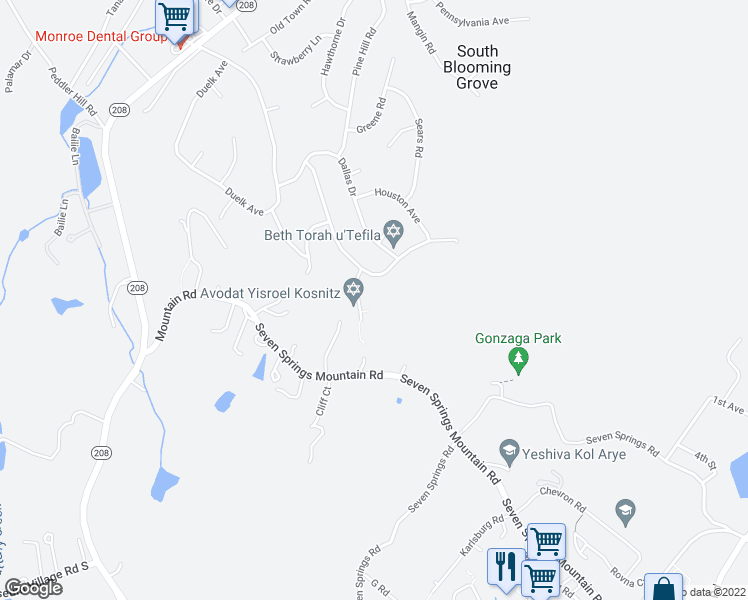 map of restaurants, bars, coffee shops, grocery stores, and more near 11 Kingsville Drive in Monroe