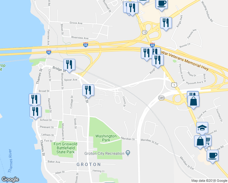 map of restaurants, bars, coffee shops, grocery stores, and more near 56 Broad Saint Extension in Groton