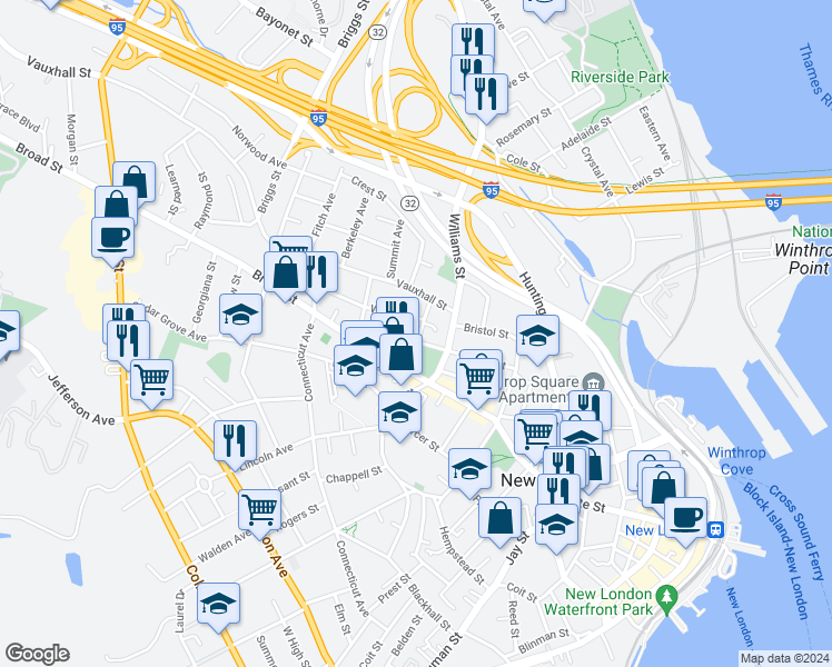 map of restaurants, bars, coffee shops, grocery stores, and more near 20 Channing Street in New London