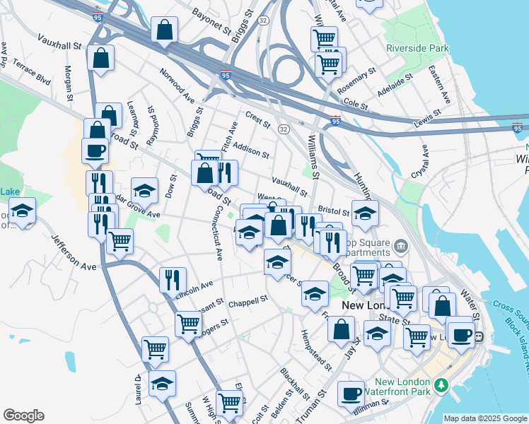 map of restaurants, bars, coffee shops, grocery stores, and more near 198 Broad Street in New London