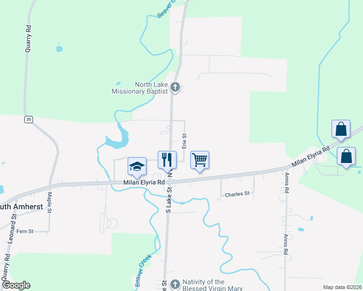 map of restaurants, bars, coffee shops, grocery stores, and more near 208 Erie Street in South Amherst