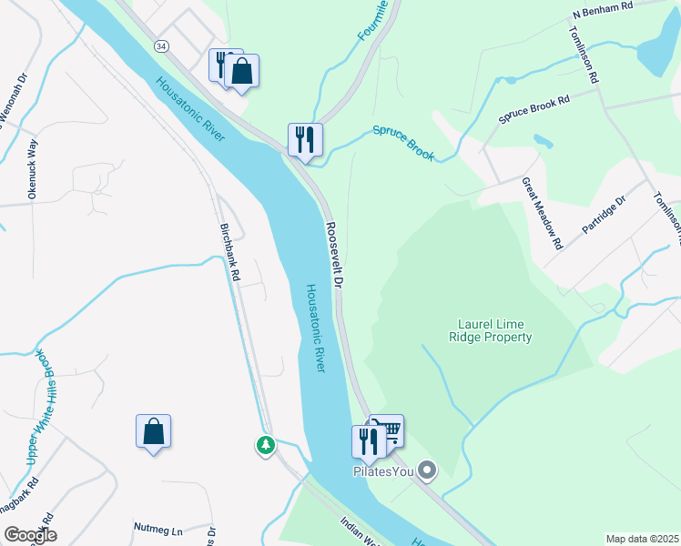 map of restaurants, bars, coffee shops, grocery stores, and more near 268 Roosevelt Drive in Seymour