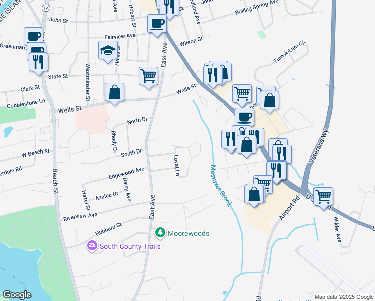 map of restaurants, bars, coffee shops, grocery stores, and more near 18 Calabria Court in Westerly