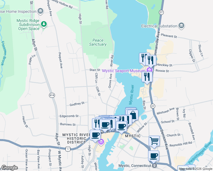 map of restaurants, bars, coffee shops, grocery stores, and more near 7 Grove Avenue in Groton