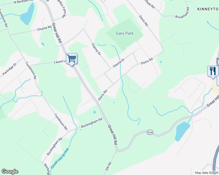 map of restaurants, bars, coffee shops, grocery stores, and more near 139 Davis Road in Seymour