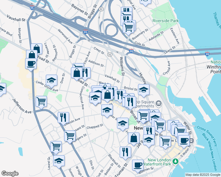 map of restaurants, bars, coffee shops, grocery stores, and more near 20 Channing Street in New London