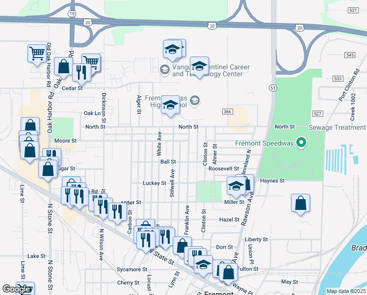 map of restaurants, bars, coffee shops, grocery stores, and more near 1211 Stilwell Avenue in Fremont