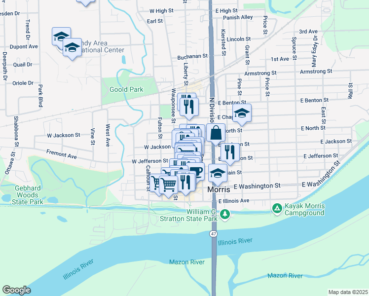map of restaurants, bars, coffee shops, grocery stores, and more near 407 Liberty Street in Morris