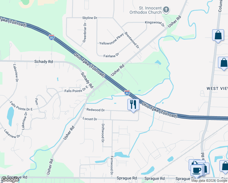 map of restaurants, bars, coffee shops, grocery stores, and more near 8939 Usher Road in Cuyahoga County