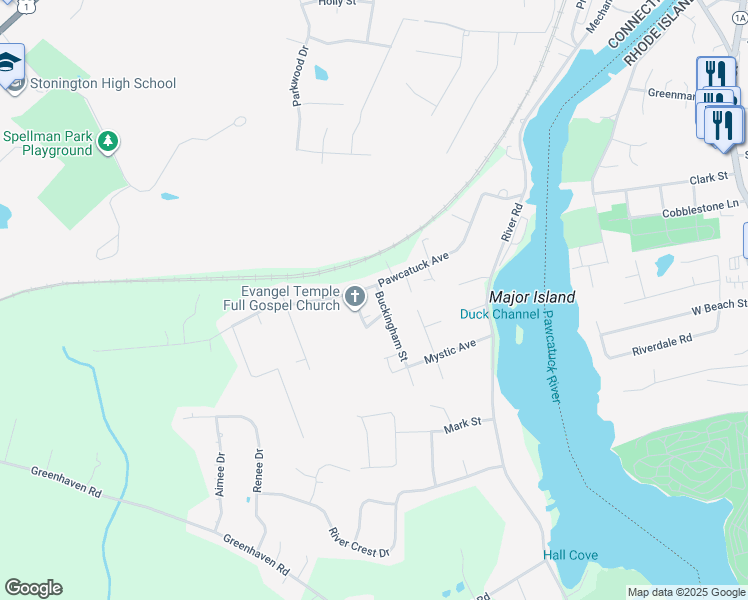 map of restaurants, bars, coffee shops, grocery stores, and more near 14 Cleveland Street in Stonington