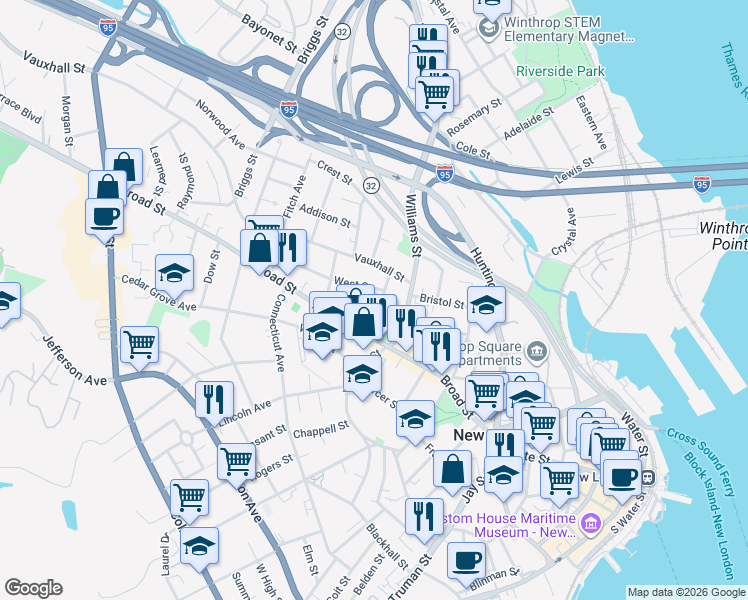 map of restaurants, bars, coffee shops, grocery stores, and more near 20 Channing Street in New London
