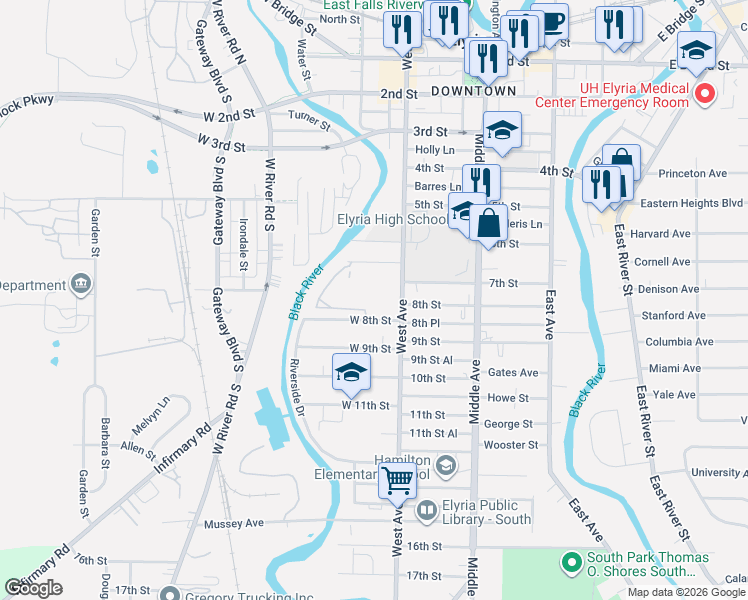 map of restaurants, bars, coffee shops, grocery stores, and more near 418 8th Street in Elyria