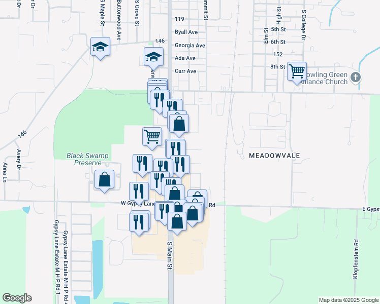 map of restaurants, bars, coffee shops, grocery stores, and more near 1017 South Main Street in Bowling Green
