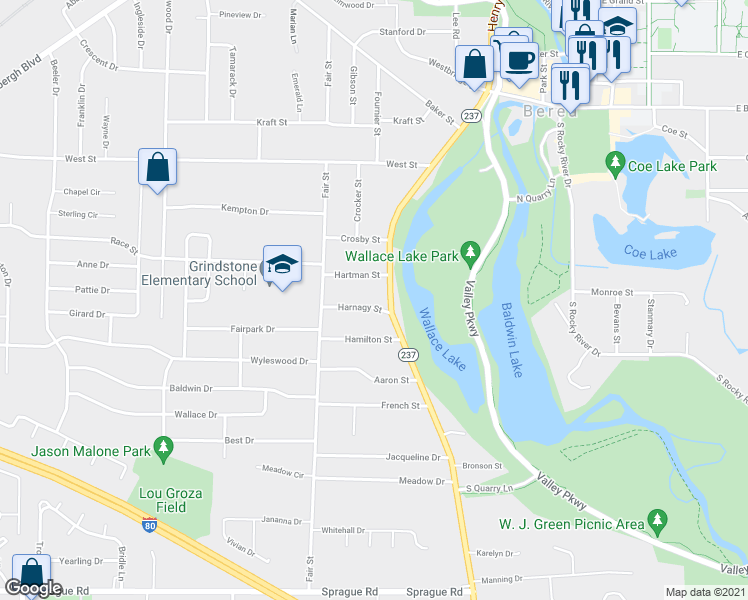 map of restaurants, bars, coffee shops, grocery stores, and more near 62 Harnagy Street in Berea