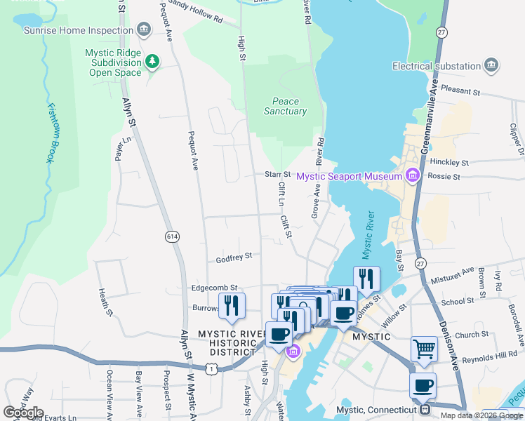 map of restaurants, bars, coffee shops, grocery stores, and more near 308 High Street in Groton