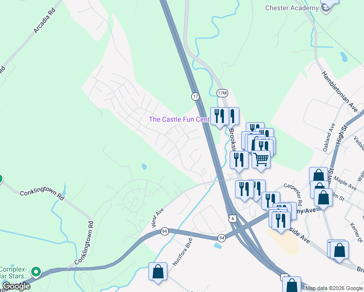 map of restaurants, bars, coffee shops, grocery stores, and more near 1002 Whispering Hills Drive in Chester