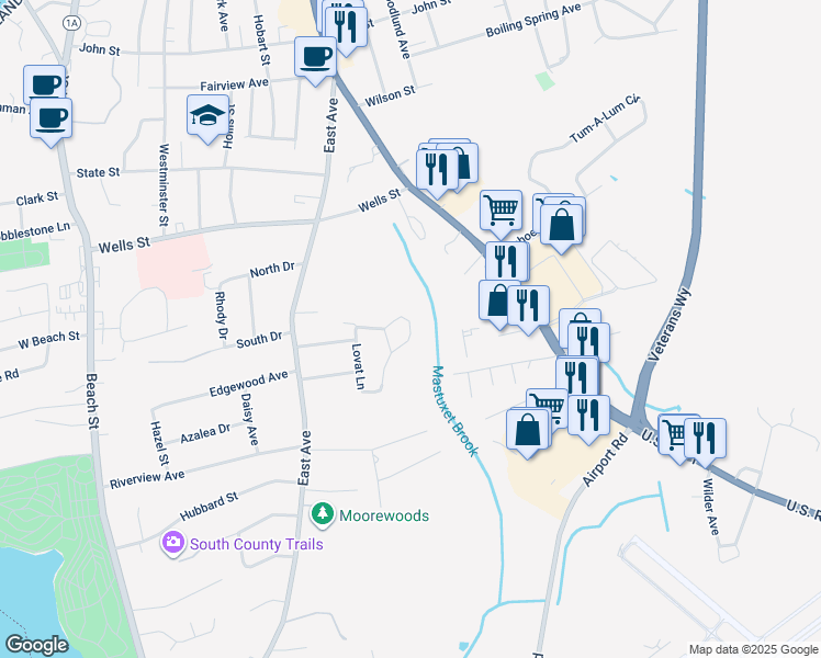 map of restaurants, bars, coffee shops, grocery stores, and more near 58 Fountain Drive in Westerly