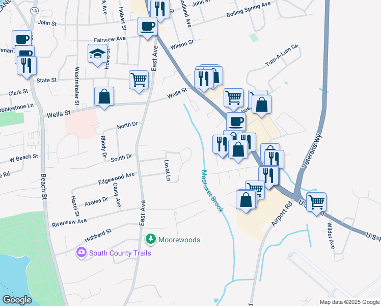 map of restaurants, bars, coffee shops, grocery stores, and more near 18 Calabria Court in Westerly