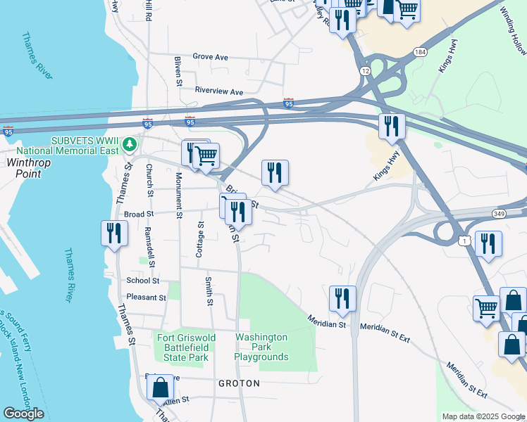 map of restaurants, bars, coffee shops, grocery stores, and more near 132 North Street in Groton