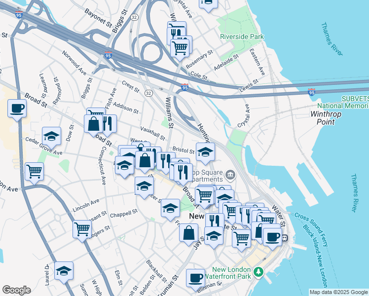 map of restaurants, bars, coffee shops, grocery stores, and more near 33 Granite Street in New London