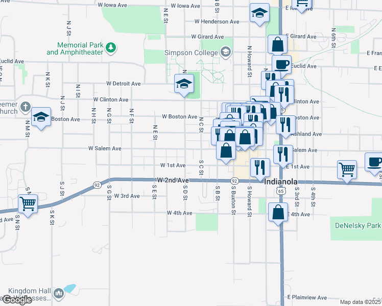 map of restaurants, bars, coffee shops, grocery stores, and more near 404 West 1st Avenue in Indianola