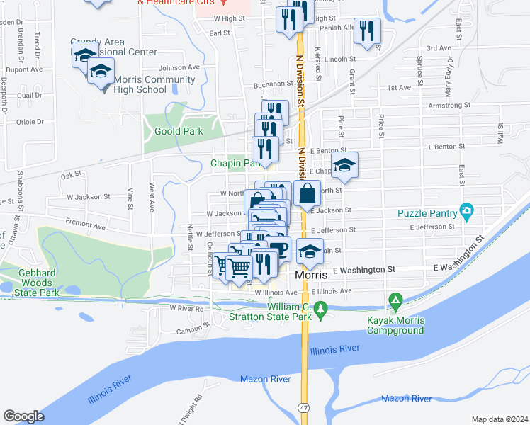 map of restaurants, bars, coffee shops, grocery stores, and more near 109 West Jackson Street in Morris
