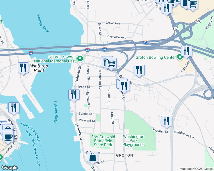 map of restaurants, bars, coffee shops, grocery stores, and more near 134 Broad Street in Groton